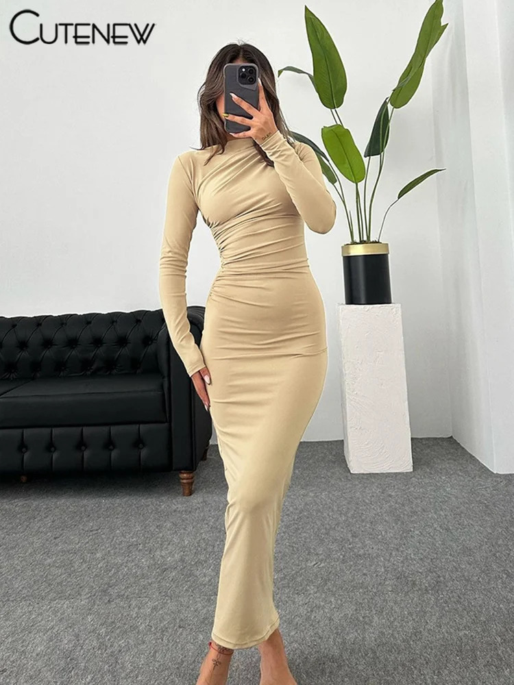 NIBBER Womens Elegant Solid Oneck Patched Work Clothes Maxi Dress Long Sleeve Body Style Robe Evening 250320