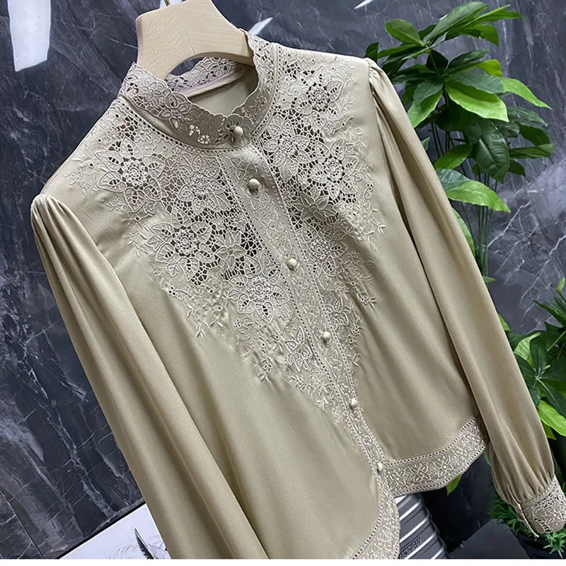 Womens long sleeved shirts silk like shirts embroidered shirts fashionable summer shirts spring and summer shirts 250320