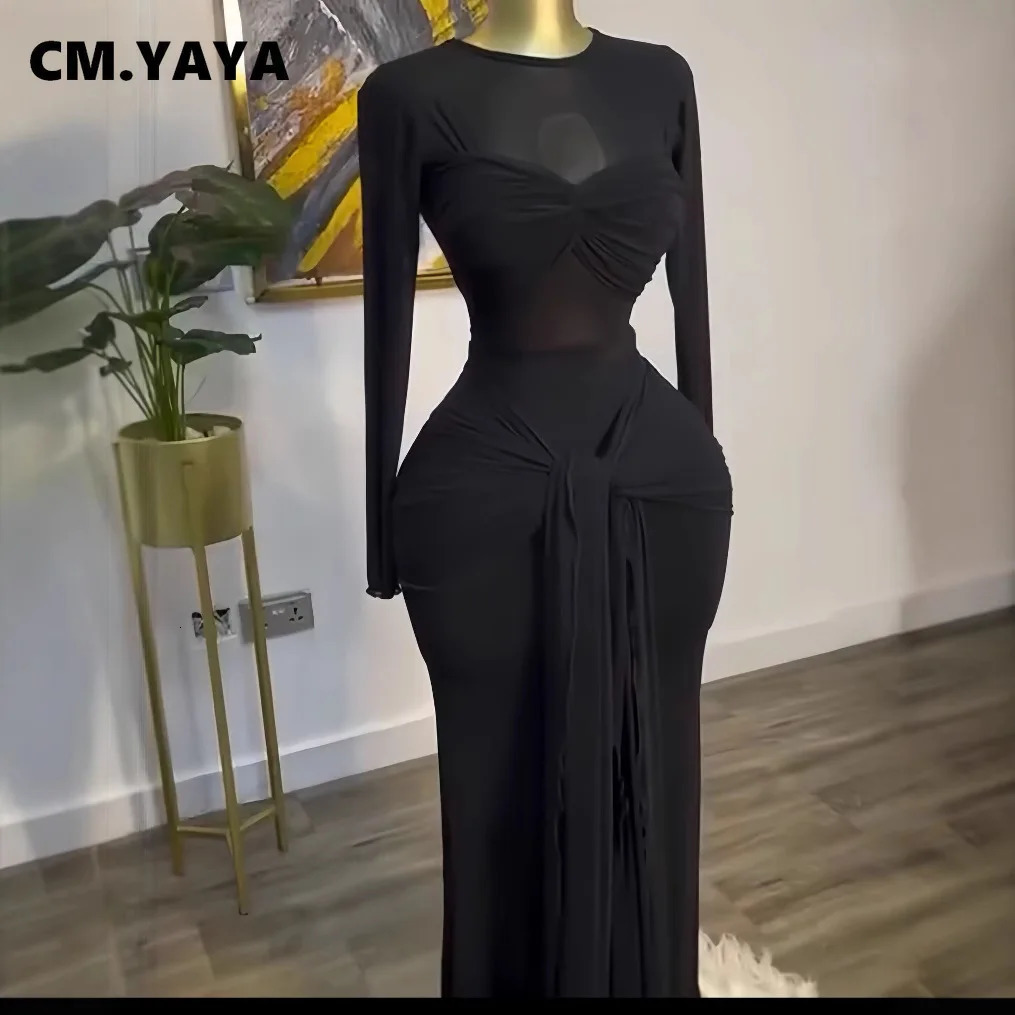 CMYAYA Women Mesh See Though Long Sleeve Maxi Bowknot Dress Evening Sexy Club Party High Street Dresses 250317