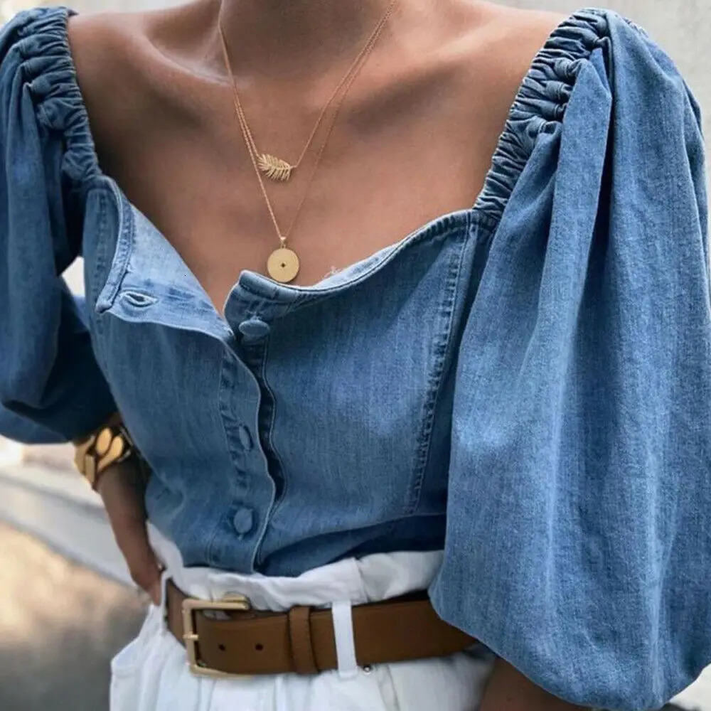 Retro womens button denim shirt casual shoulder half lantern sleeve loose floral top 250317