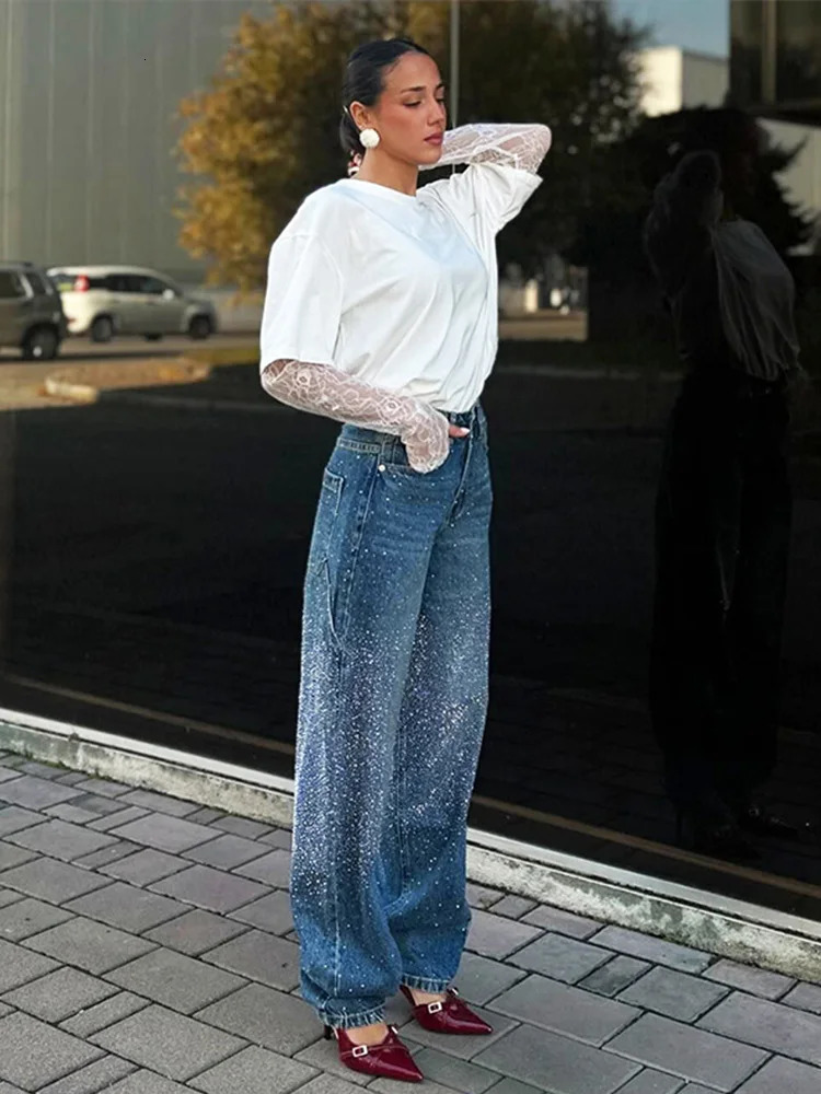 Rhinestone Blue Jeans Women Casual High Wait Wide Legs Pockets Denim Pant Female Spring Lady Y2k Street Baggy Trousers 250320