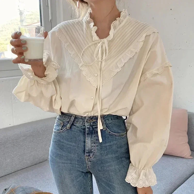 Spring Summer Vintage Fashion Long Sleeve Women Lace Blouse Elegant Hollow Out Solid Lace Up Bow Loose Blouses 9580 250320