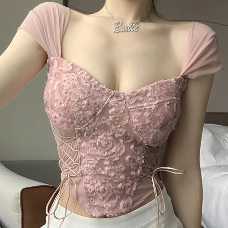 Womens bandage sexy lace strapless irregular top solid pleated crop with bra pad 2024 womens summer backless ultrathin vest 250320