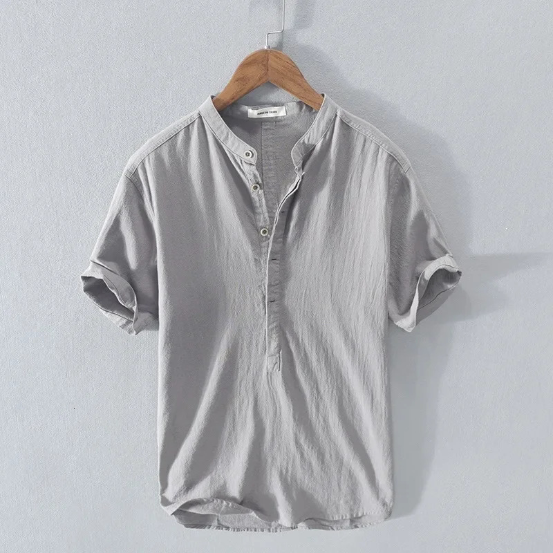Mens Cotton and Linen Shirt High-end Loose Short Sleeves Half-open Button Henry Collar Linen Breathable Inch Shirt Trendy 250320