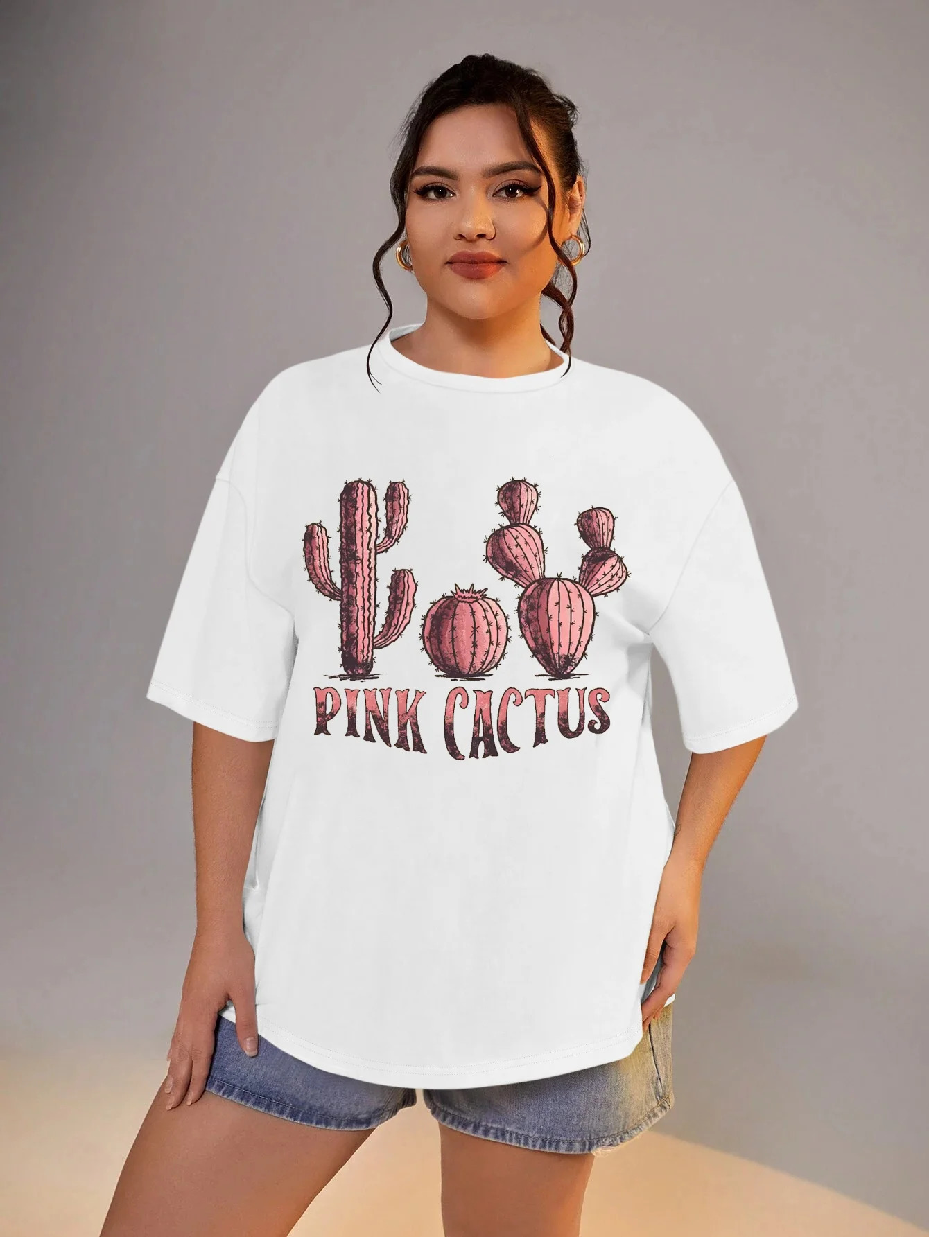 Plus Size Women Clothing Pink Cactus Print Oversize Short Sleeve T-shirt Large Sizes for Fat Women Summer 250320