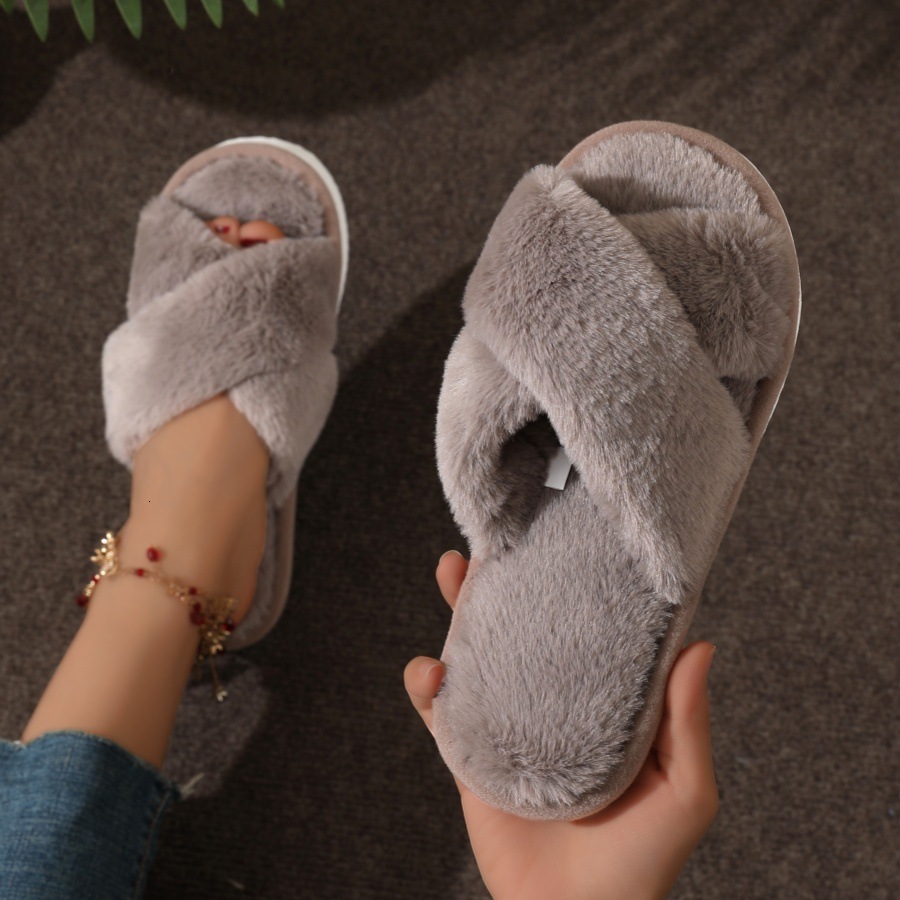 TEMU SHEIN Plush Big Cross with for Women's Hairy Cotton Slippers