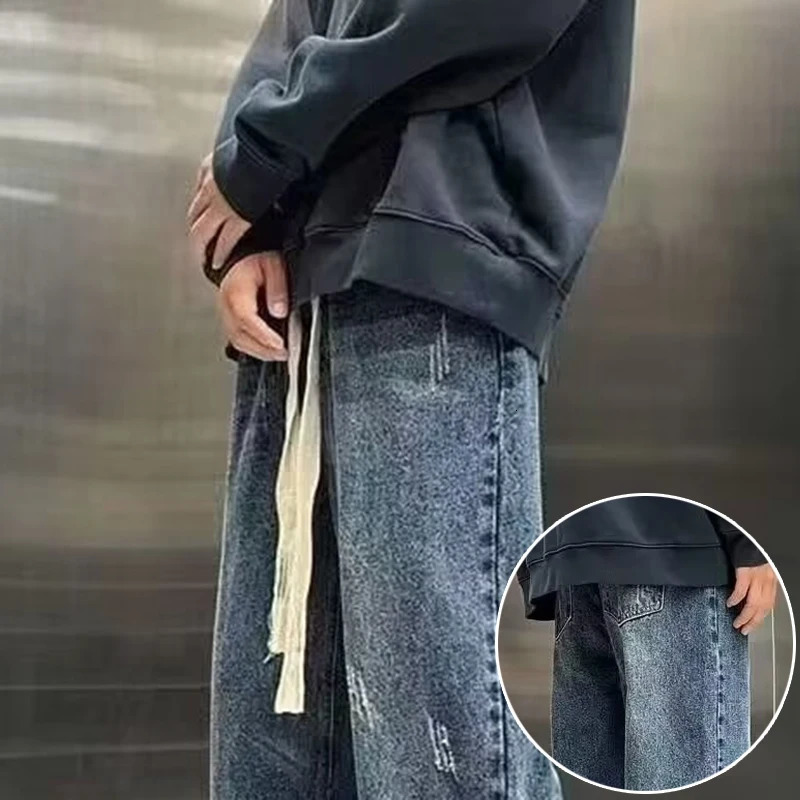 Mens luggage straight leg wide denim pants trend casual style street clothing mens lace design selling jeans 250312