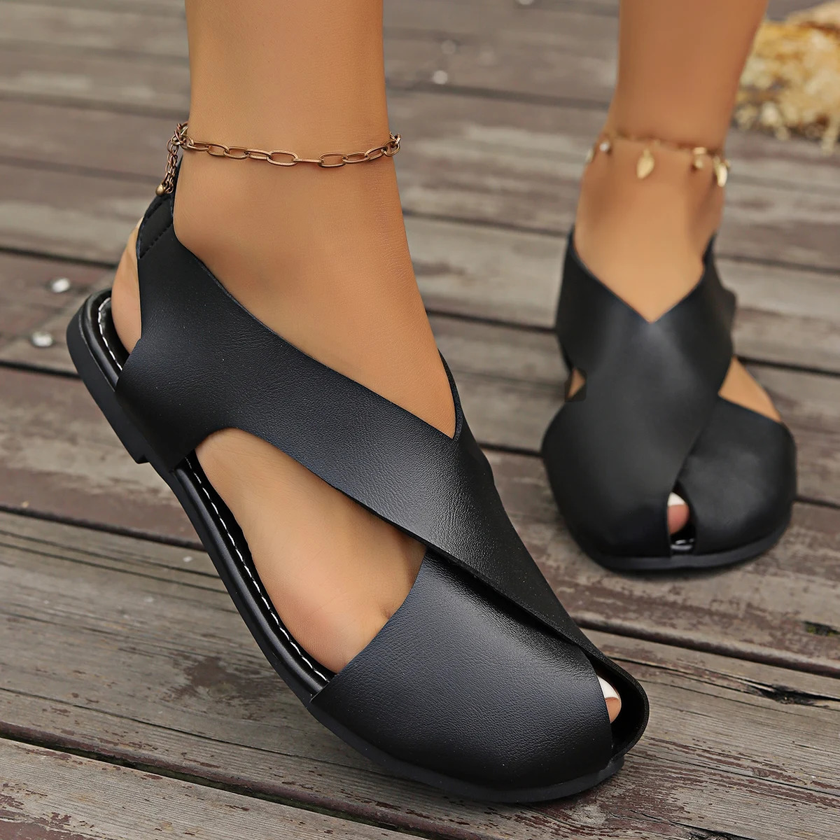 Retro womens sandals with soft soles casual girls ugly and cute shoes summer flat Peep Toe minimalist Roman 250321BJ - view 4