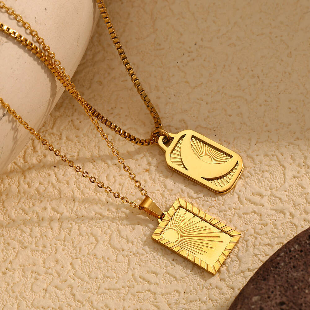 Temperament niche design geometric pendant stainless steel gold-plated carving moon sun brand necklace for women