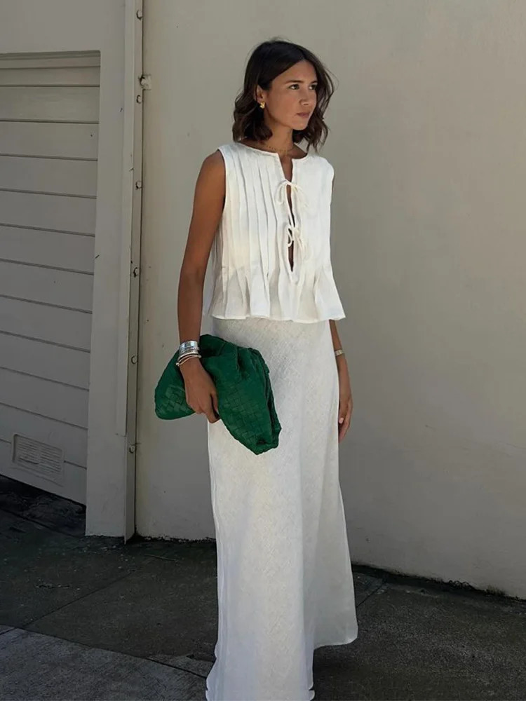 Sexy White Sleeveless Tie Shirt Top Long Skirt Two Piece Women Fashion Set Summer Holiday Beachwear Swimwear Cover Up A2860 250320