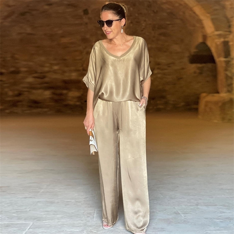 Women 2-piece Set Satin Loose Fitting Suit Short Sleeved T-shirt 2 Pairs Of Pants Summer Conjuntos Para Mujeres 2 Piezas 250320