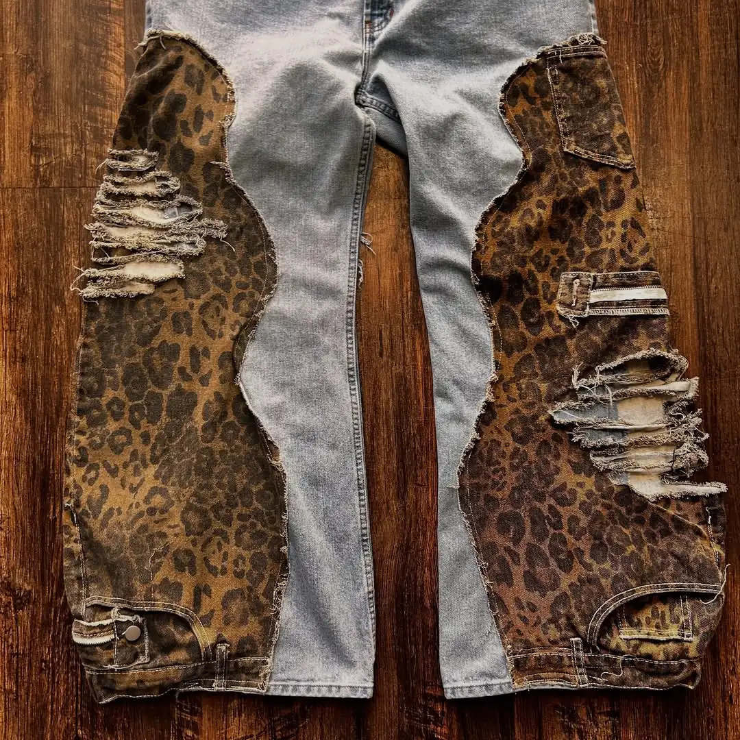 Harajuku retro unique destructive n leopard patch work wash jeans mens loose casual street hiphop wide leg pants 250320