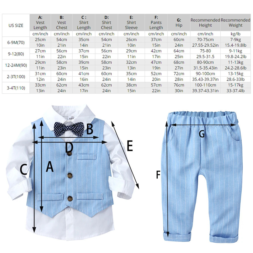 2025 Baby Boy Gentleman Suit Toddler Bow Tie White Shirt VestPants Stripe Sets 3Pcs Formal Birthday Wedding Kids Party Clothes 250320