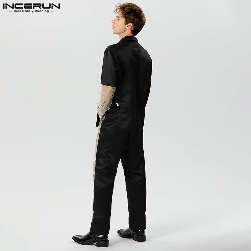 INCERUN American Fashion Mens Long Sleeve Set Jacket Pants Splicing Work Lace Flower Hollow Two Piece Set S-5XL 250318