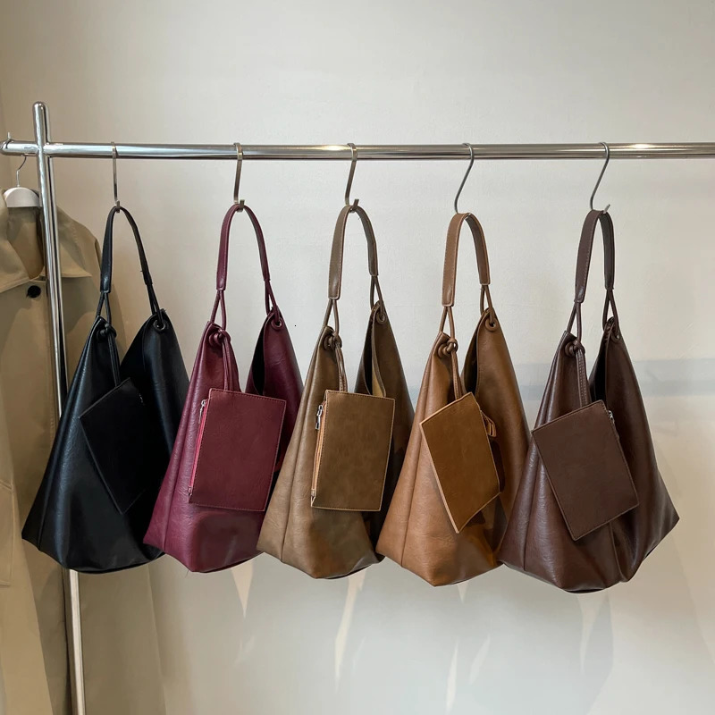 Burgundy 2in1 Womens Shoulder Bag Soft PU Leather Solid Color Large Capacity Shopping Stray with Coin Wallet 250320