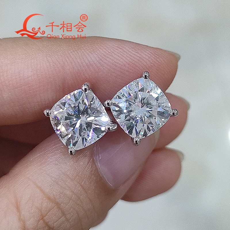 S925 silver 8.5*8.5mm 3ct cushion shape D VVS moissanite stone ear stud Earring for jewelry gift dating women wedding