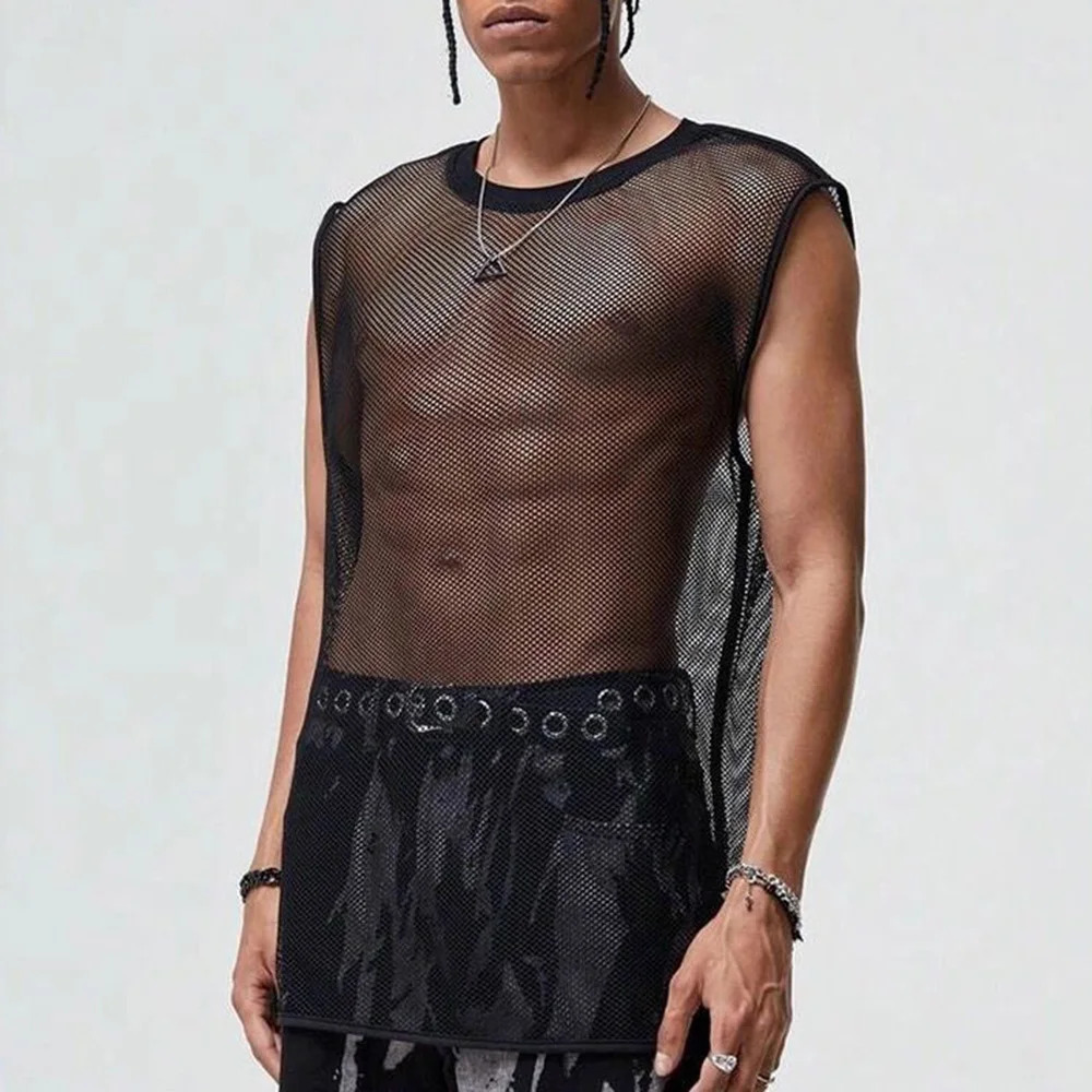Mens vest with mesh hollow breathable sexy ultra-thin vest street clothing fashionable niche sports gym casual top mens clothing style 250318