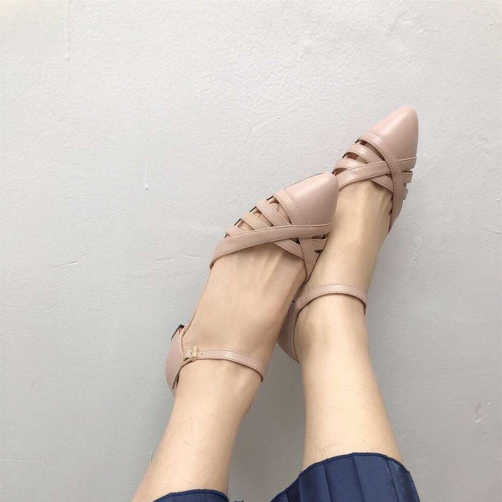 High Heel Dongguan Made Full Sheepskin Thick Heel Pointed Buckle Hollowed Out Middle Mouth Single Shoes High Heels Roman Toe Sandals For Women