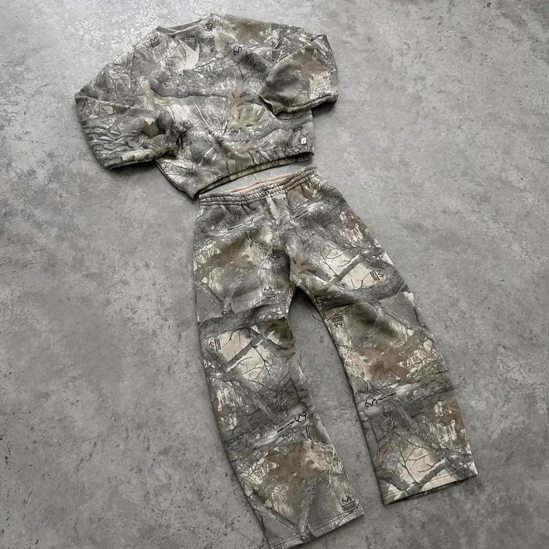 Y2K Camouflage 2 Piece Set European American Harajuku Zipper Hoodie Pullover Oversize Sweatpants Casual Wide Leg Pant Streetwear 250320