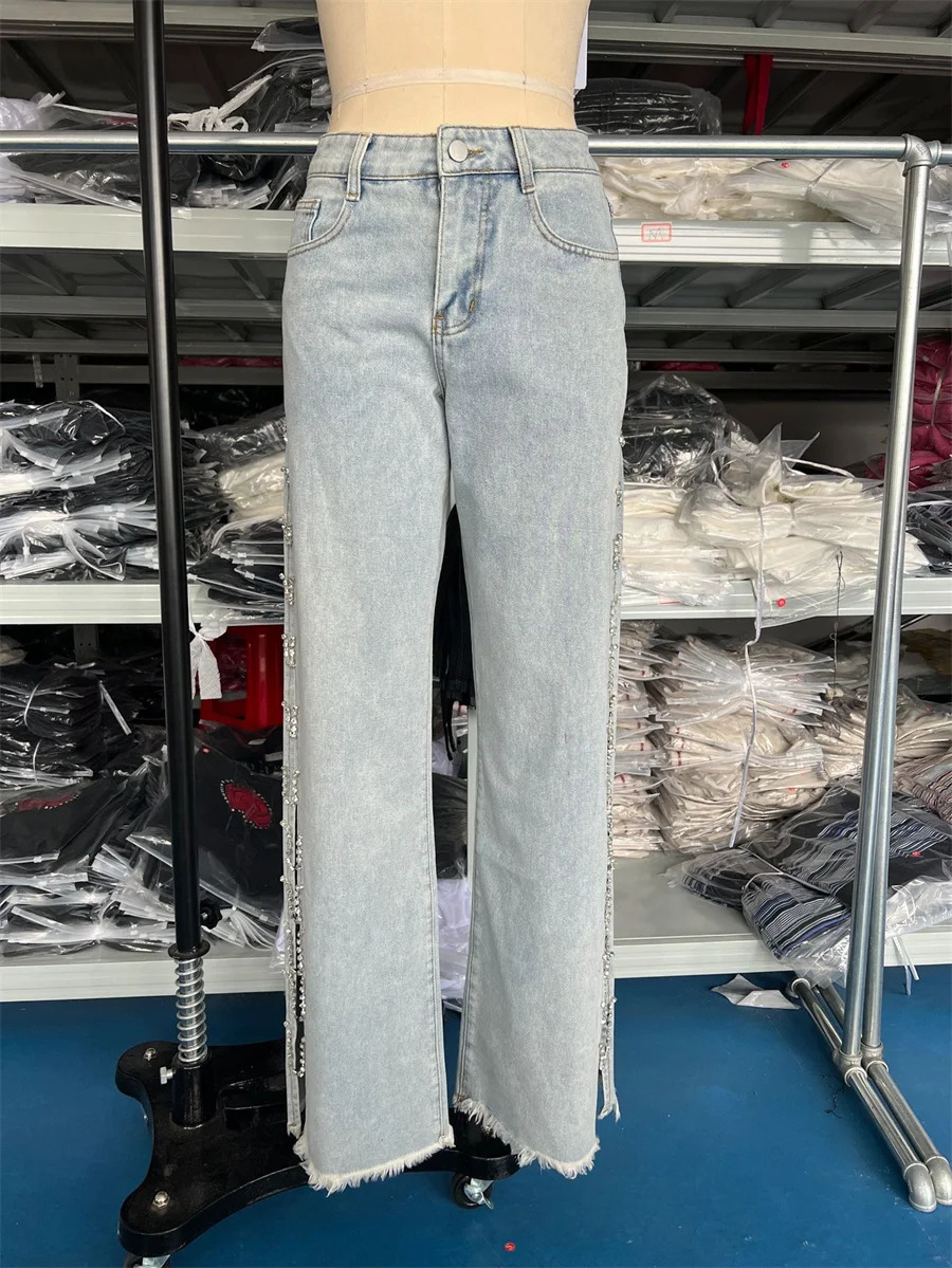 Crystal Chain Womens Wide Leg Luggage Jeans High Waist Hollow Summer Pants Denim Shorts Y2K Street Clothing Side Split Loose Jeans 250320