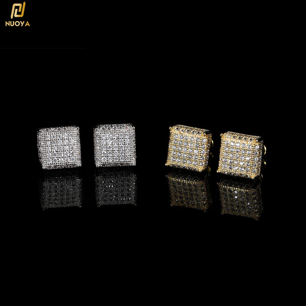 Hip Hop Iced Out Jewelry Gold Plated Earrings Women Micro Pave 3A Zircon Square Screw Back Earring