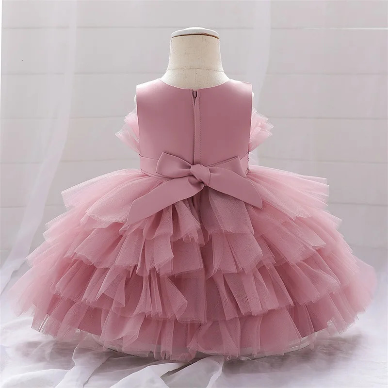 Baby Summer Dress 1 Year Puffy Pink Kids Bow Christening Princess Brithday Vestidos Toddler Children Baptism Baby Girl Clothes 250320