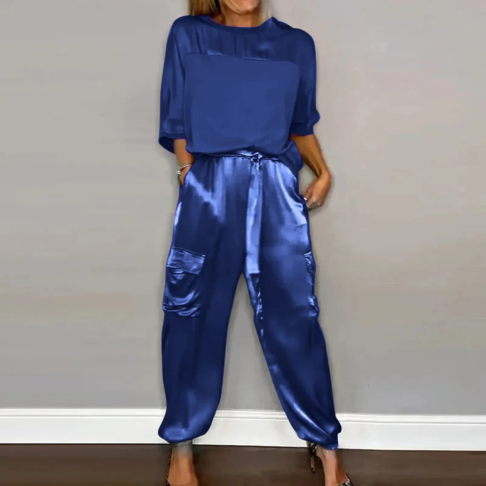 Summer Fashion Solid Satin Two Piece Set Women Round Neck Long Sleeved Top Long Pants Casual Loose Soft Female Top Trousers 250320
