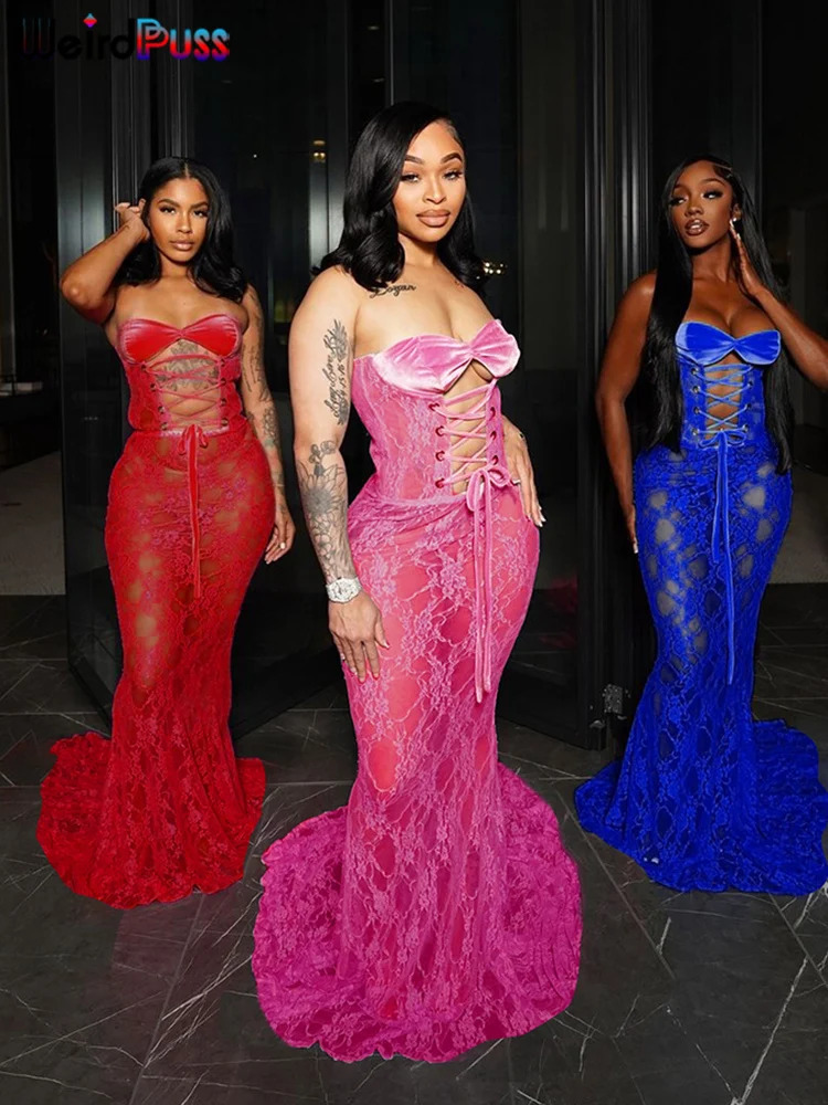 Weird Puss Sexy Party Dress Women Mesh Patchwork Strapless Shirring Hollow Coquette Banquet Elegant Summer Trend Maxi Bodycon 250320