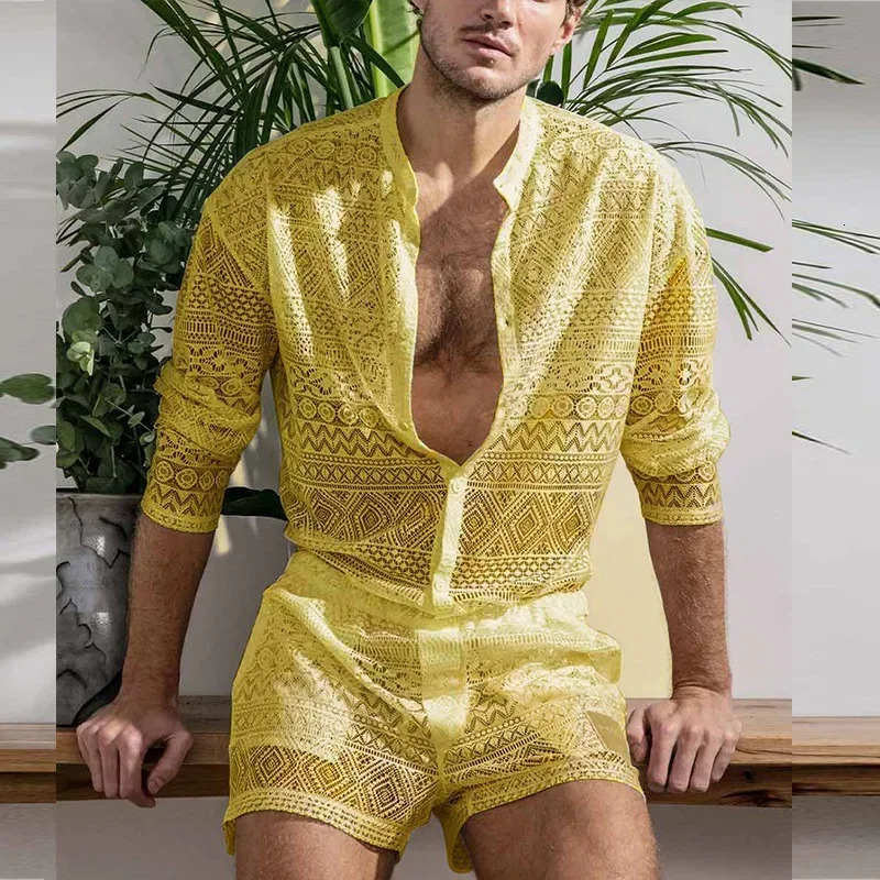 Mens long sleeved lace cut casual shorts mens two-piece set fashionable Ropa Hombre 250314