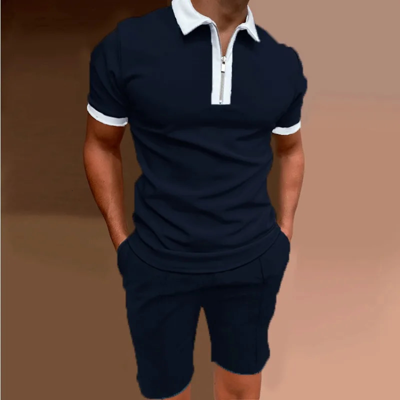 European and American short sleeved printed slim fit zipper lapel mens polo shirt set 250318