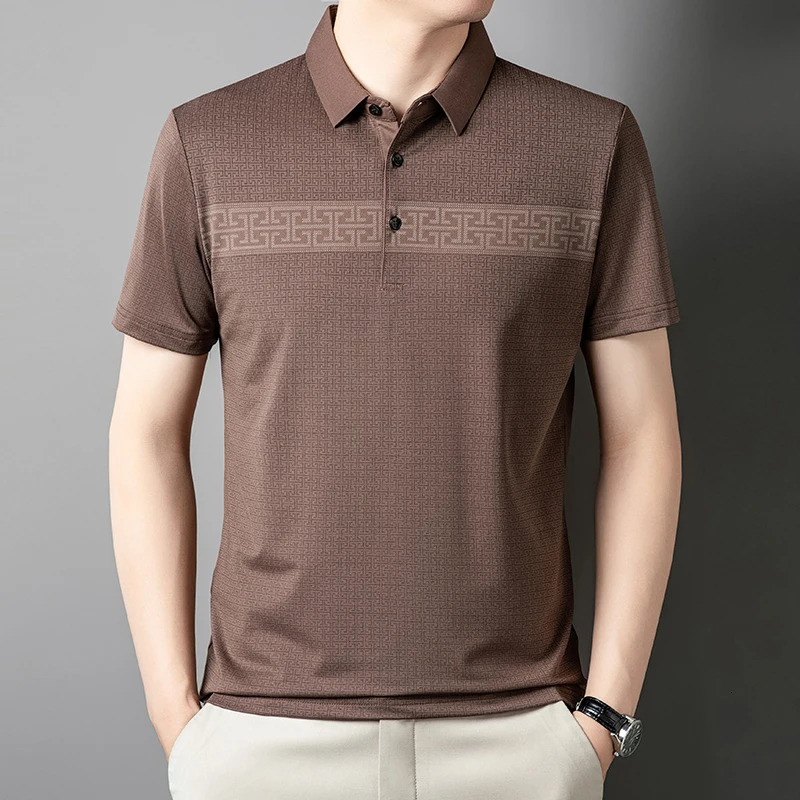High End Ice Silk Print Summer Short Sleeve Lapel Polo Shirt Fashion Business Seamless T-Shirt Comfort Mens Wear 250320