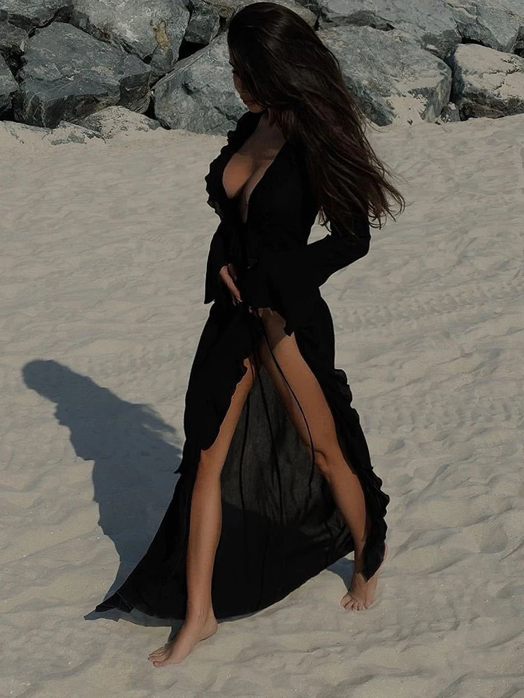 OIINAA Ruffle Bikini Cover-Ups Women Beach Cover Up Elegant Long Sleeve Lace Up Summer Solid Fashion Female Holiday Beachwear 250317