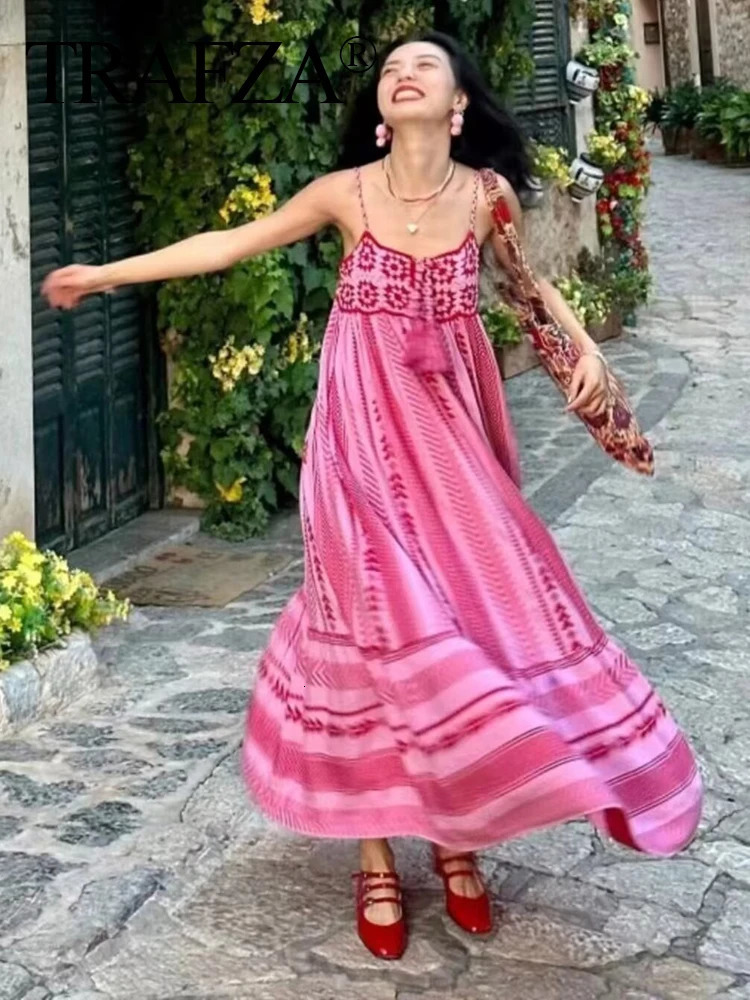 TRAFZA Women Fashion Floral Knitted Patchwork Sling Beach Dress Female Blocked Sleeveless Backless Slimming 250317