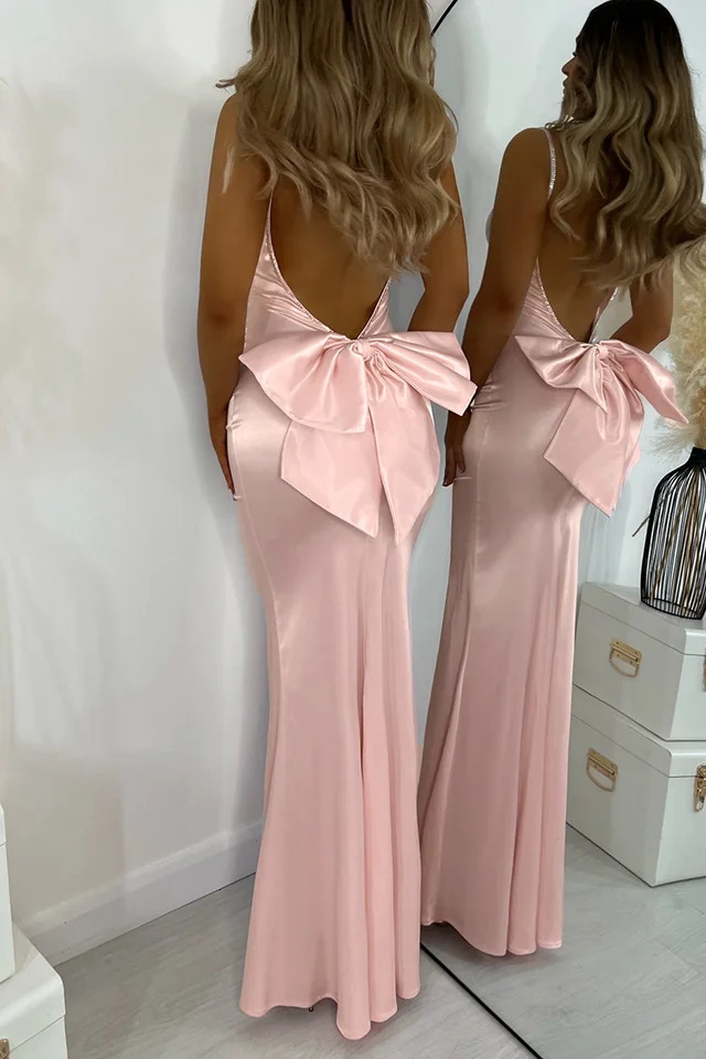 Elegant backless bow satin dress spaghetti strap party cocktail guest pink long womens ultrathin body sexy 250317