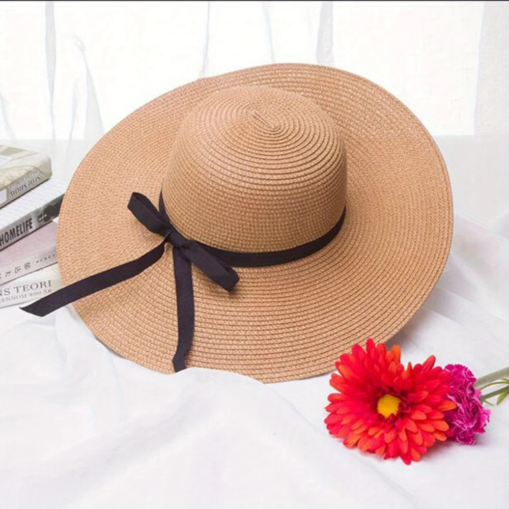 Big Eave Straw Hat Womens Black Bow Edge Sunscreen Folding Beach Hat Outdoor Seaside Vacation Fashionable and Elegant 250320