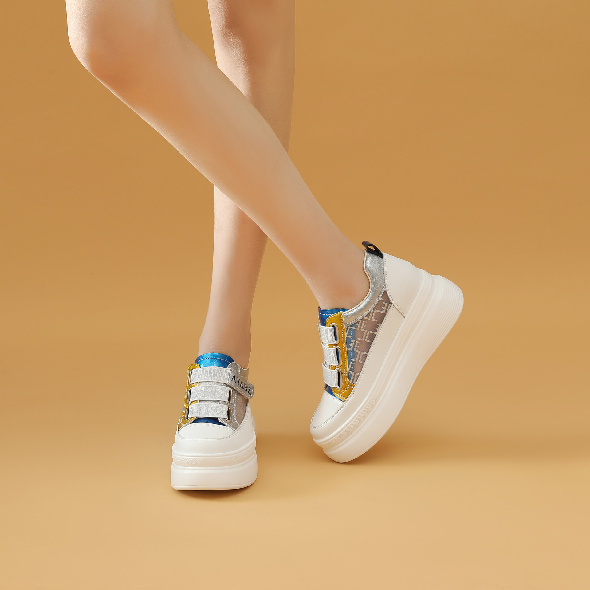 2025 new thick soled white shoes with increased height, women's color blocked designer fashion casual shoes, breathable mesh shoes