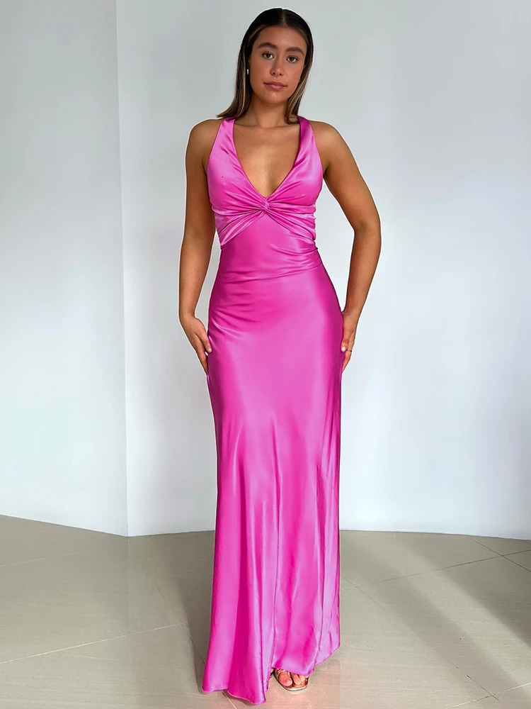 Mozision Satin Bow Backless Sexy Maxi Dress For Women Fashion Gown V Neck Sleeveless Club Party Evening Dress Elegant 250320