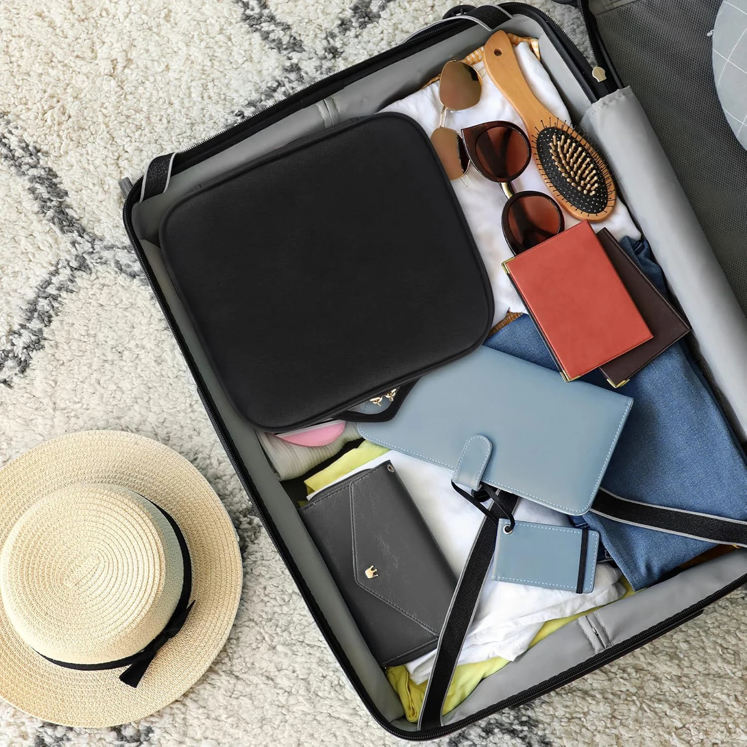 Makeup organizer with mirror light 3 adjustable brightness travel train suitcase makeup bag portable storage compartment waterproof 250320