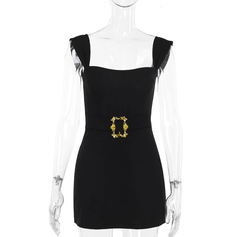 Womens Short Dresses Summer Slim Square Neck tie Metallic Accessory Vest Dresses JY24172MHO 250320