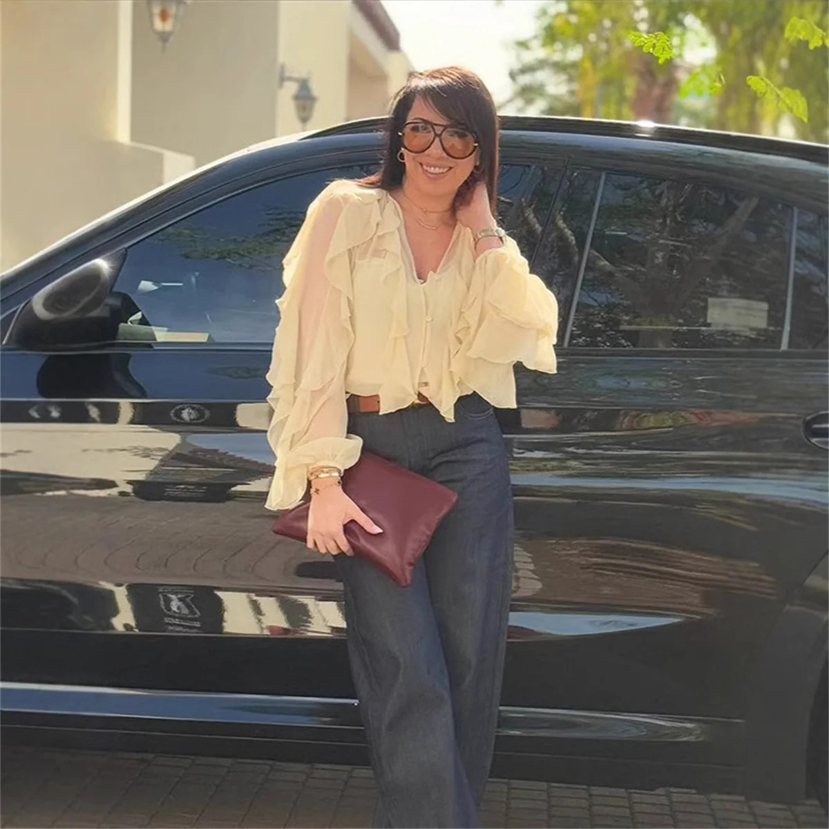 2025 Spring Burgundy Layer Ruffles Shirts For Woman Casual V Neck Full Sleeve Loose Blouse Female High Street Office Outfits 250320