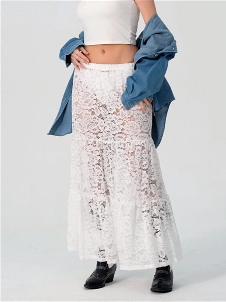 Women Lace Skirt Casual See-Through Lace Elastic A-Line Skirt for Beach Vacation Club Streetwear Aesthetic Clothes Summer 250320