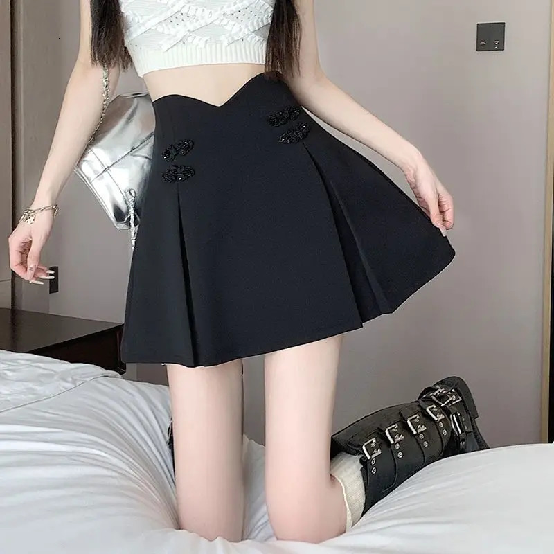 Women Summer Chinese Style Buttons Solid Color High Waist Appear Thin Skirt Ladies Simplicity Office Lady All-match Short Skirt 250320