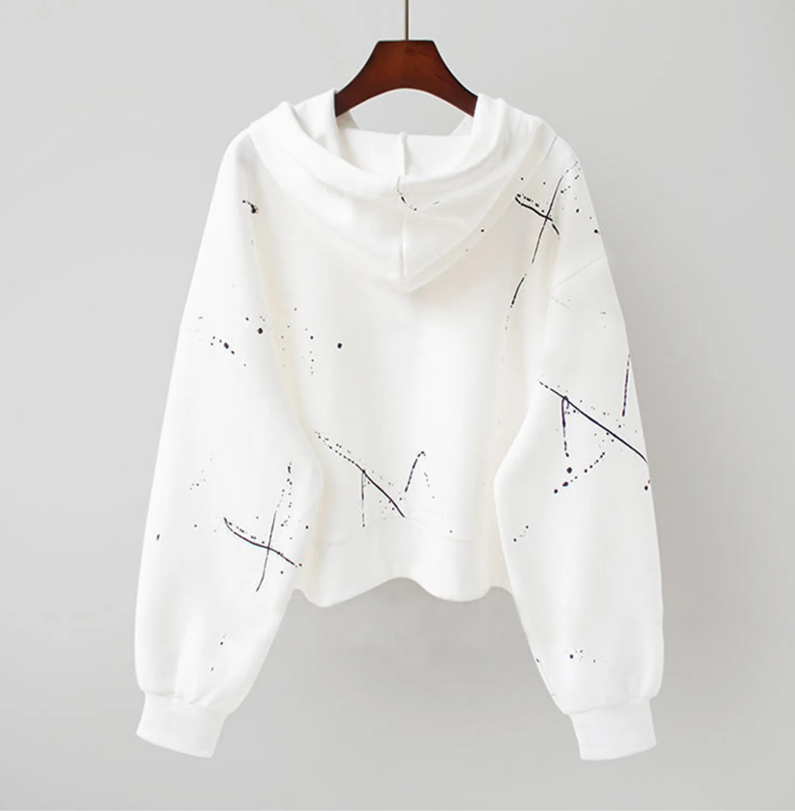 Splash-Ink Print Women Hoodies Kpop White Sweatshirt Autumn Streetwear Long Sleeve Loose Hoodie Sudaderas De Mujeres 250320
