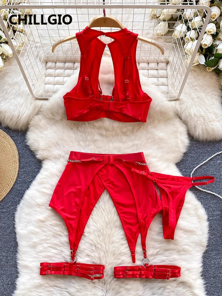CHILLGIO Women Chain Sexy Bra Briefs Suits Fashion Three Pieces Bra Underpants Outfit Bodycon Sexy Solid Push Up Lingerie Sets 250320