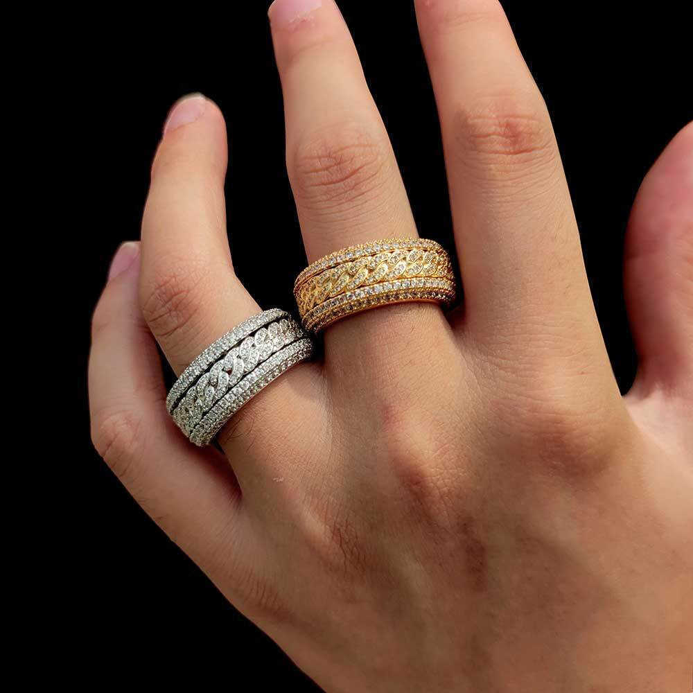 Solitaire Ring Hip-hop With Side Stones copper inlaid zircon rotatable Cuban ring real gold electroplating hiphopRing ring jewelry z250321