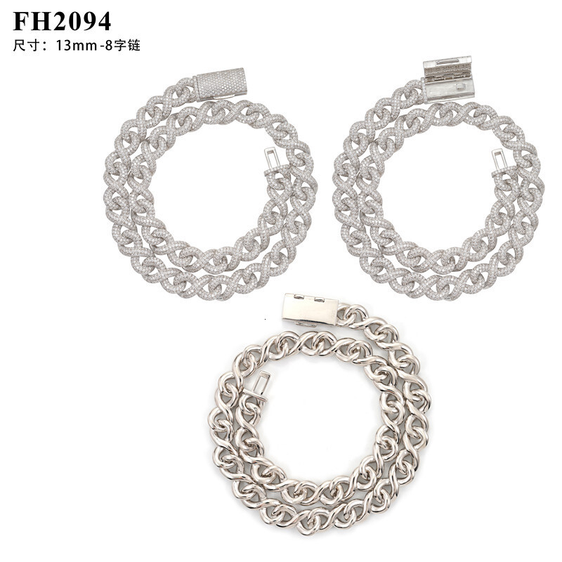 Diamond hair new 13mm 8-shaped Cuban chain S925 silver full set moissanite hip-hop trendy mens bracelet GRA