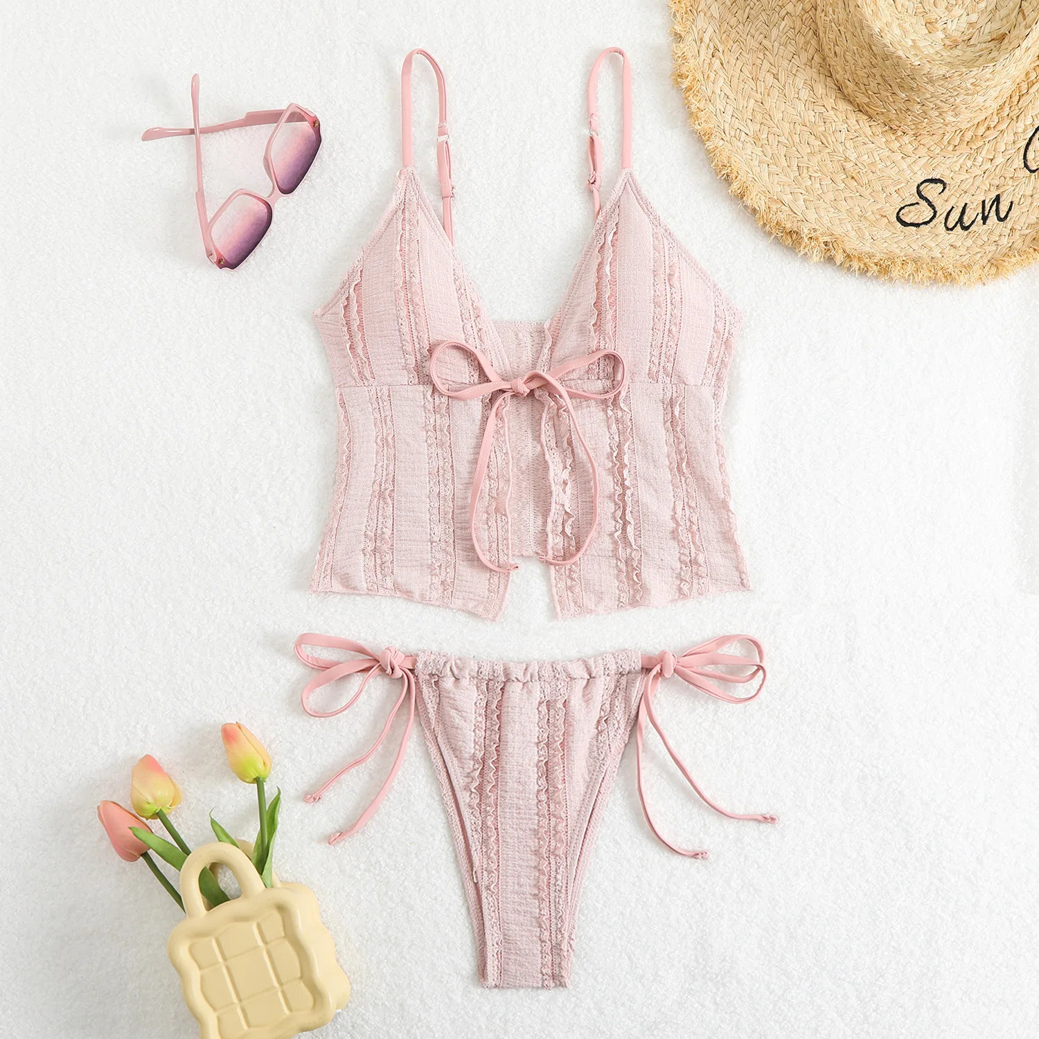 Sexy brown bikini 2025 two piece swimsuit womens thong set sweet tie top beach 250320