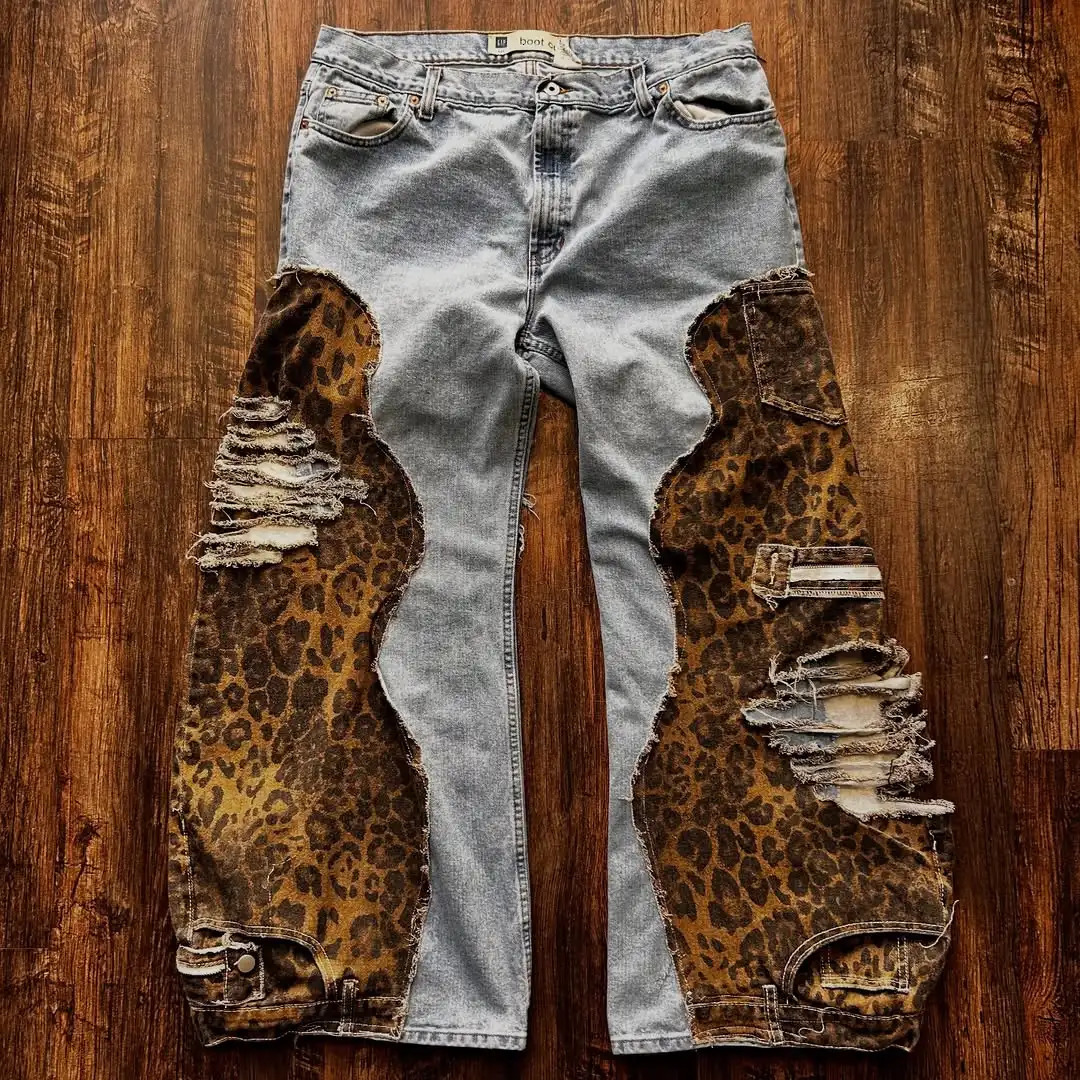 Harajuku retro unique destructive n leopard patch work wash jeans mens loose casual street hiphop wide leg pants 250320