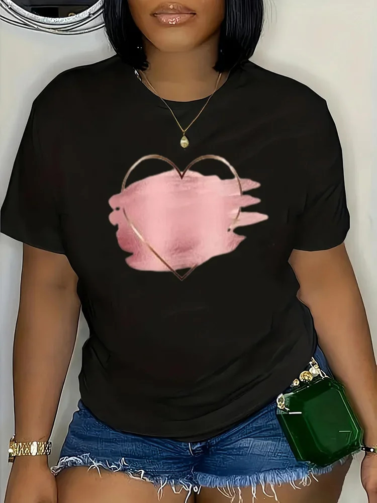 Loose Summer Short Sleeve Round Neck Plus Size Top Heart Tee Shirt Luxe Woman Tops in Large Sizes Fashion Womens Clothing 250320