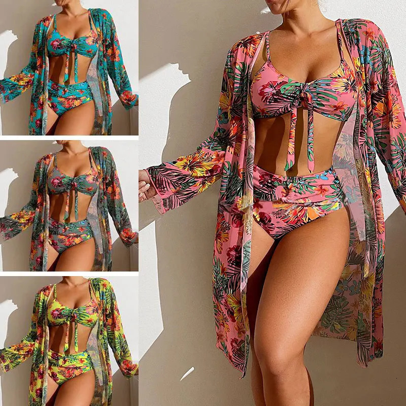 Split Three Piece Floral Printed Swimsuit Women Bikini Set Wireless Bra with Pad Sport Top Long sleeve Blouse Swimwear Plus Size 250320